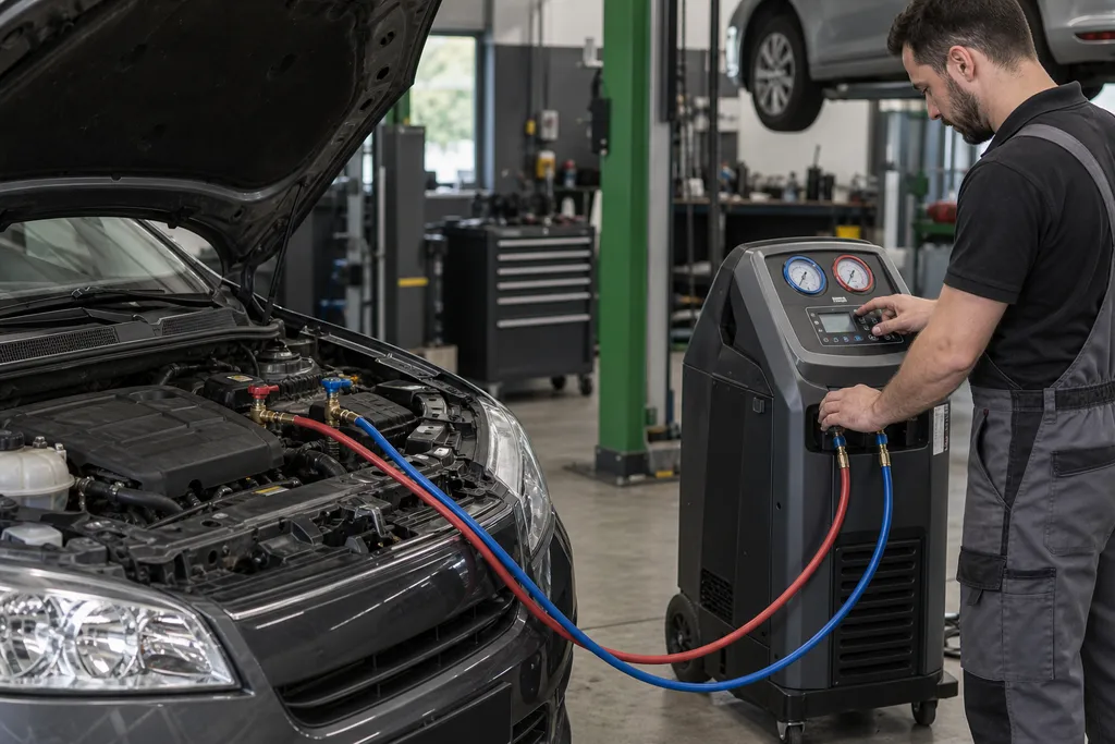 Mechanik obsługujący stację klimatyzacji podłączoną do samochodu