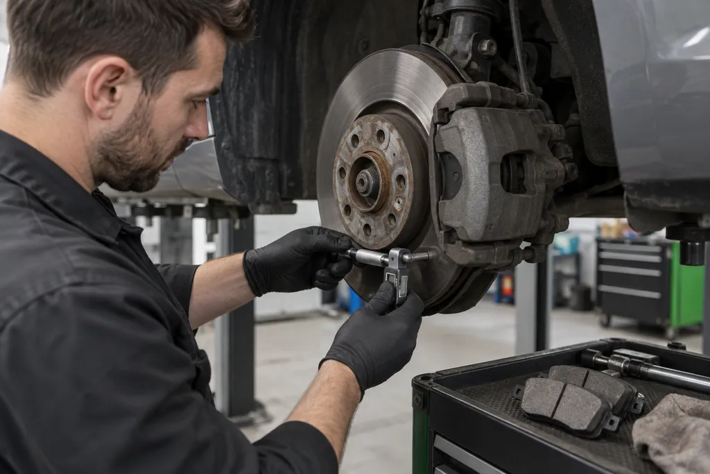 Mechanik mierzący grubość tarczy hamulcowej przy zdjętym kole