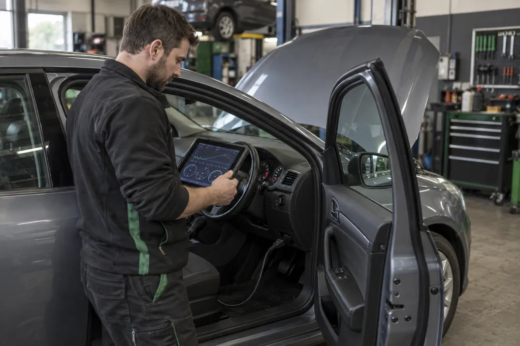 Mechanik wykonujący diagnostykę komputerową auta przez złącze w kabinie