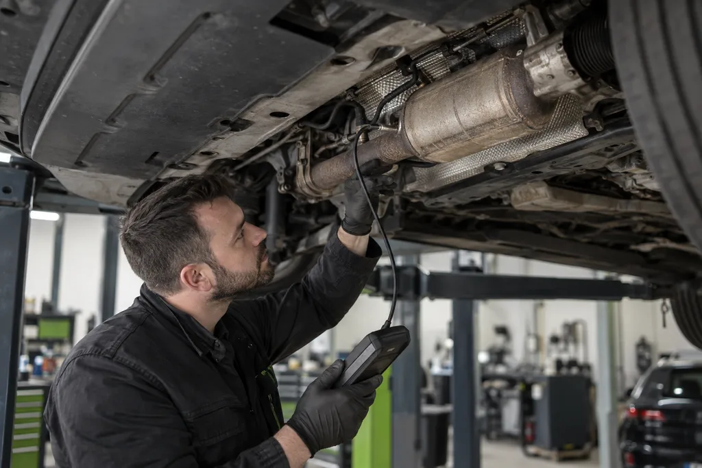 Mechanik sprawdzający filtr DPF w układzie wydechowym auta na podnośniku
