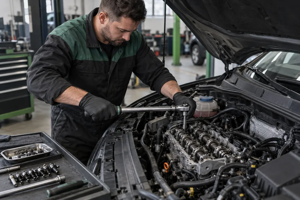 Mechanik dokręcający elementy głowicy silnika kluczem dynamometrycznym