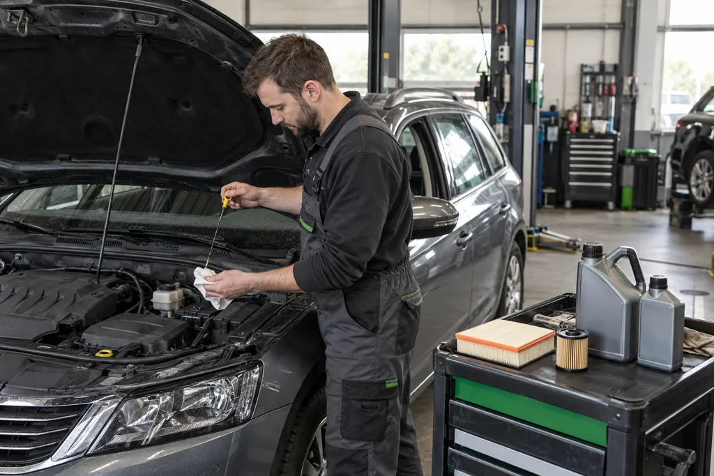 Mechanik sprawdzający poziom oleju podczas okresowego serwisu auta