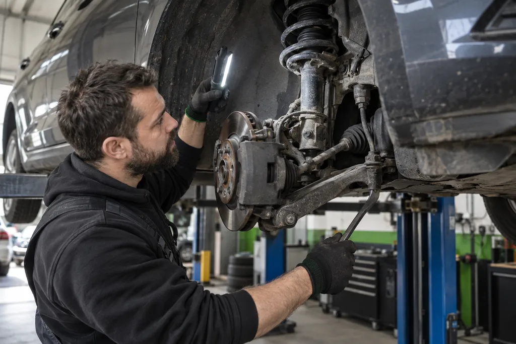 Mechanik sprawdzający kolumnę, sprężynę i wahacz przedniego zawieszenia