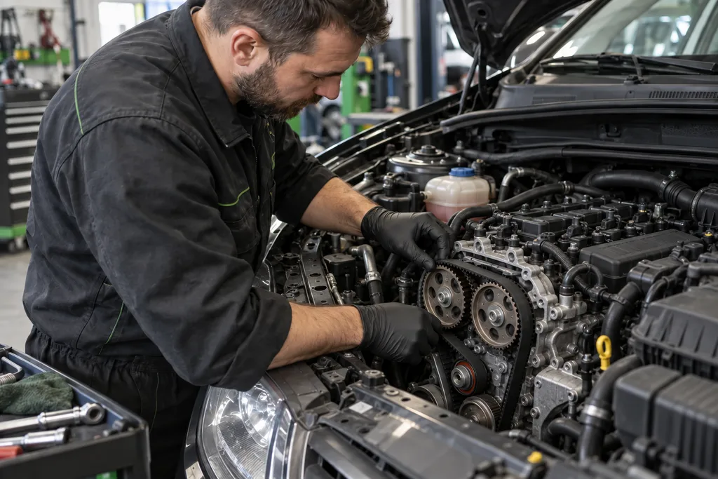 Mechanik zakładający pasek rozrządu na koła i rolki silnika