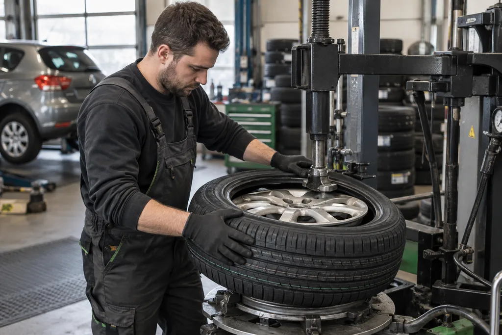 Mechanik montujący oponę na feldze przy użyciu montażownicy